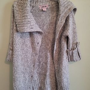 Admit One long gray/white adjustable button front flap collar knit sweater